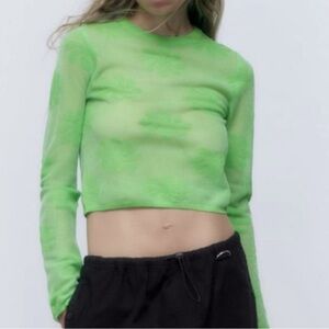 Zara mesh floral knit Metallic Effect Long sleeve neon green sweater top Sz S